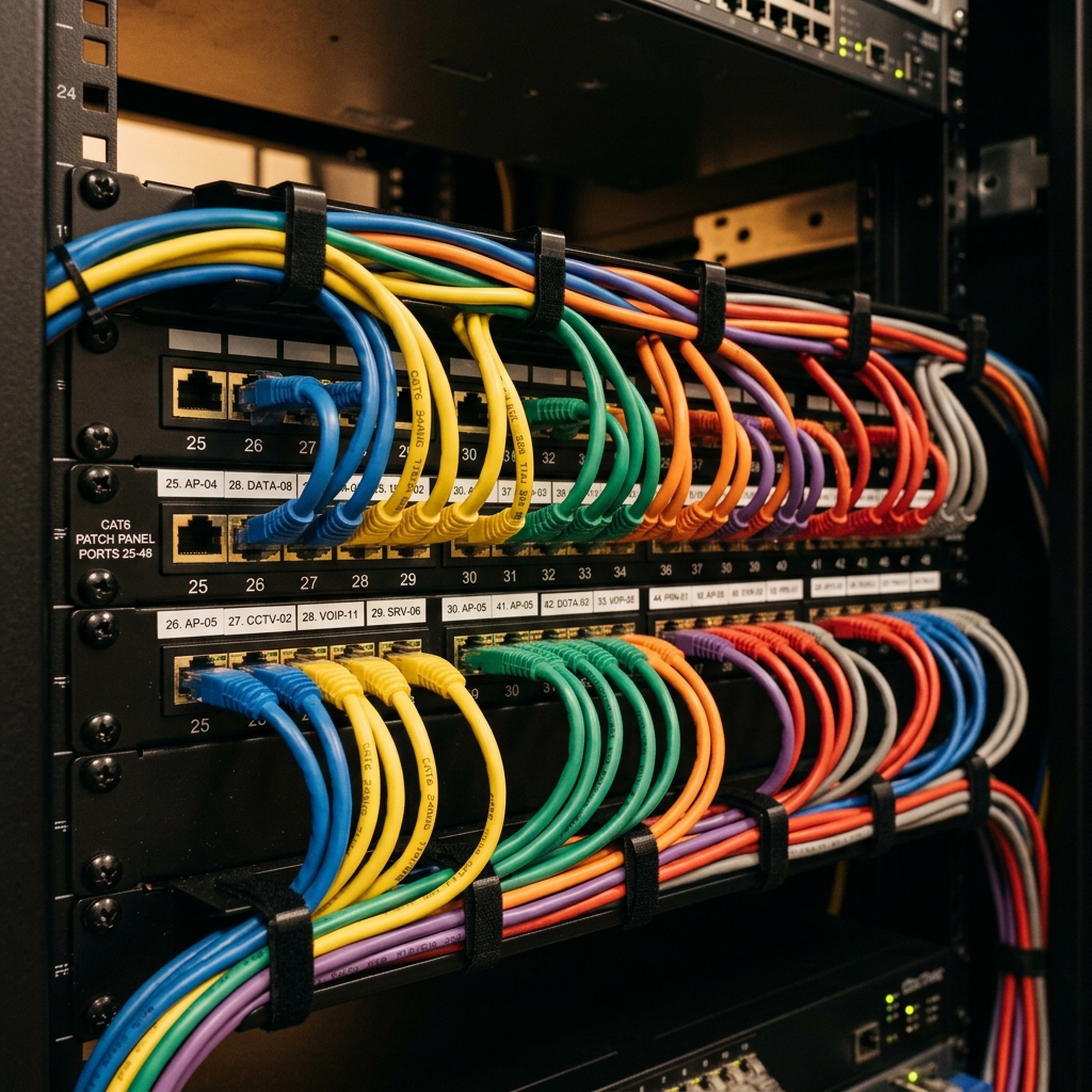 Patch panel con cableado estructurado organizado